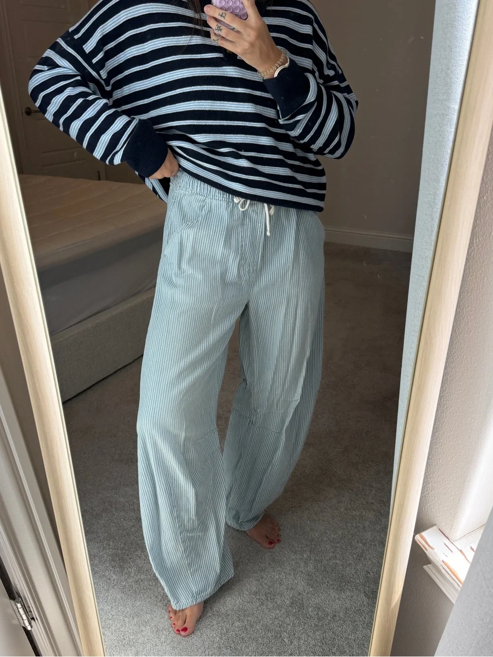 GAP elastic waist railroad stripe barrel leg jeans